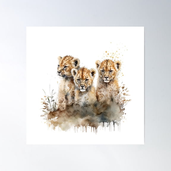 Cheetah Cubs Abstract Water Colour Poster Wall Art, Modern Wall Decor For Living Room Bedroom, 24x24 UNFRAMED
