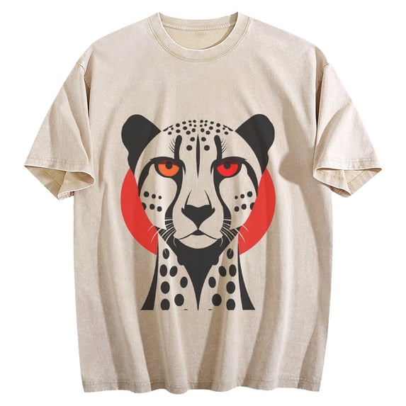 Cheetah Face Graphic T-Shirt for Men Women - Casual Short Sleeve Tee with Bold Orange Eyes and Red Circle Background Comfortable Cotton Daily Wear