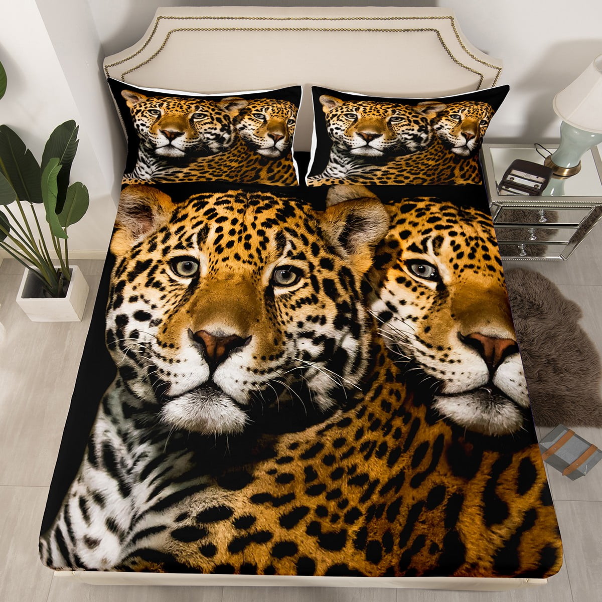 Cheetah Fitted Sheet Leopard Print Bed Sheets Bedding Set Queen Size