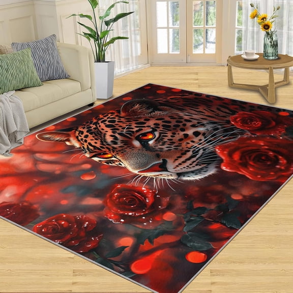 Cheetah Floral Area Rug, Leopard Wildlife Washable Rug, Non Slip Low Pile Carpet for Living Room Bedroom Home Decor 2x3ft