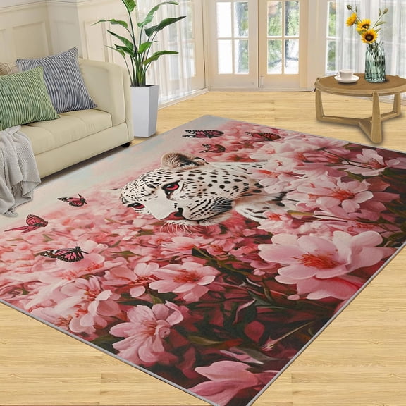 Cheetah Floral Area Rug, Wildlife Leopard Washable Rug, Non Slip Low Pile Carpet for Living Room Bedroom Home Decor 2x3ft