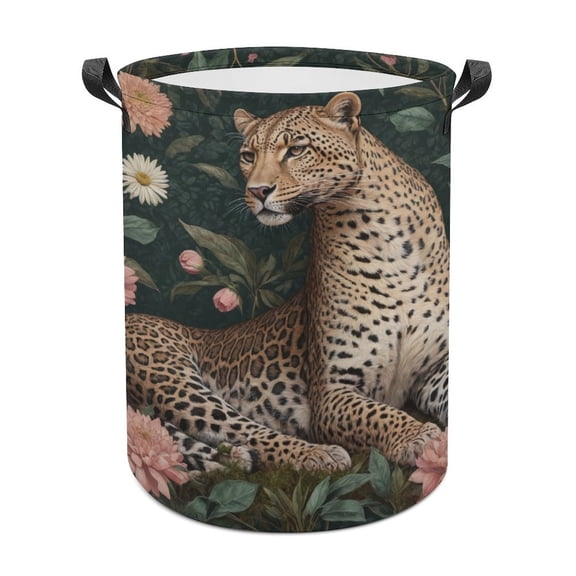 Cheetah in Floral Jungle Waterproof Oxford Cloth Laundry Hamper, Collapsible Storage Bin with Reinforced Handles for Clothes and Toys, 3 Sizes Available