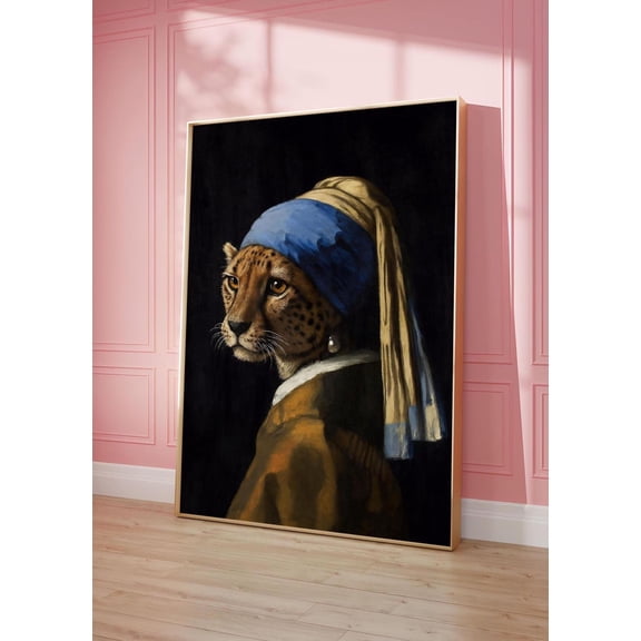 Cheetah, Girl With A Pearl Earring Print, Maximalist Decor, Cheetah Wall Art, Trendy Leopard Art Print, Contemporary Art Home Decor UNFRAMED Poster, Wall Art for Decor, Present, 8x12