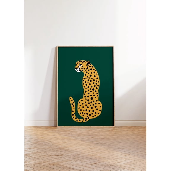 Cheetah Green Leopard Feline Wall Art Print, Tiger Illustration, Orange Big Cat Animal, Nature Inspired Living Room Decor