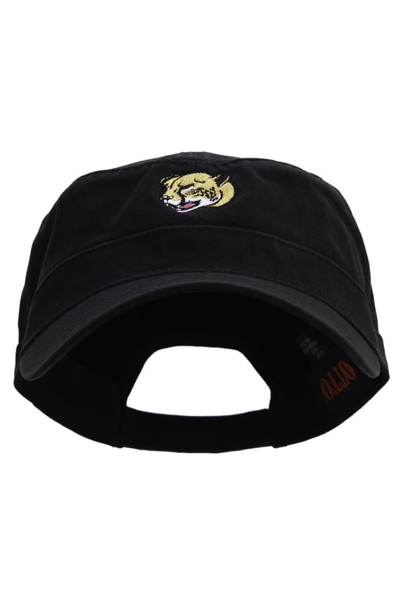 Cheetah Head Embroidered Garment Washed Adjustable Army Cap - Black OSFM