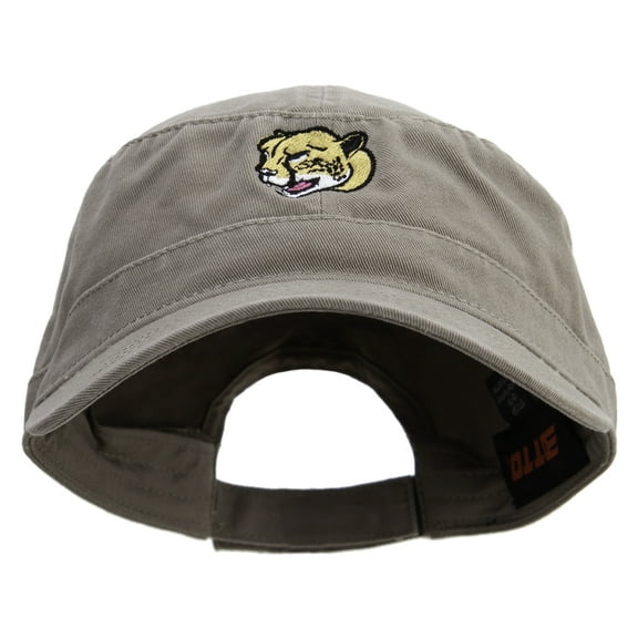 Cheetah Head Embroidered Garment Washed Adjustable Army Cap - Dk Khaki OSFM