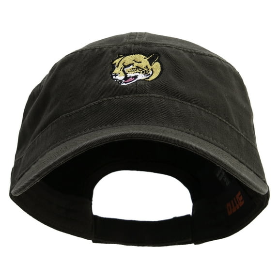 Cheetah Head Embroidered Garment Washed Adjustable Army Cap - Dk Olive Green OSFM