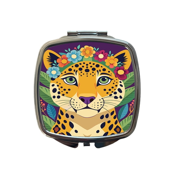 Cheetah Head Floral Flowers Travel Makeup Handbag Purse Small Pocket Compact Mirror