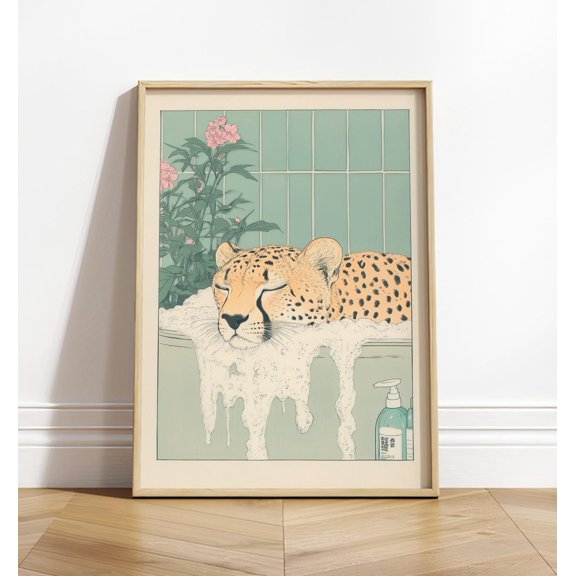 Cheetah In Bathtub Funny Poster, Japanese Bathroom Decor, Aesthetic Wall Art, Japandi Print Wall Art, Modern Wall Decor, 8x12 UNFRAMED