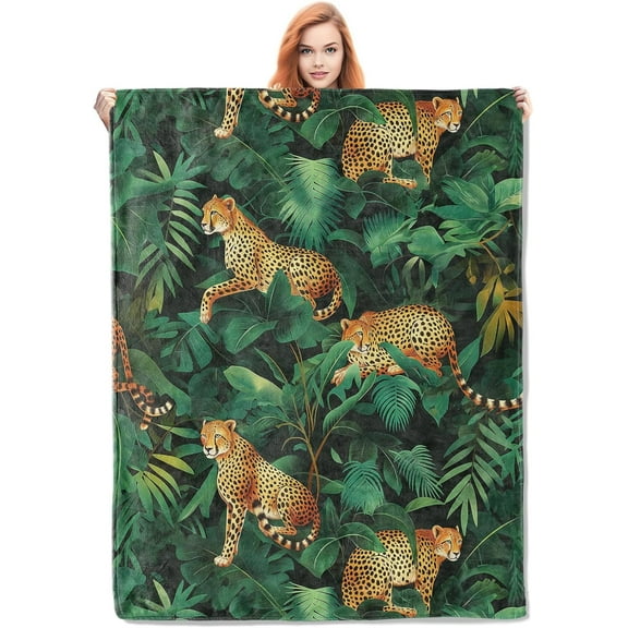 Cheetah and Jungle Fleece Blanket Gifts for Kids and Adults, Exotic Animal Cozy Throw Blanket, Soft Warm Plush Blanket with Tropical Patterns for Home Decor, 50x60 inches
