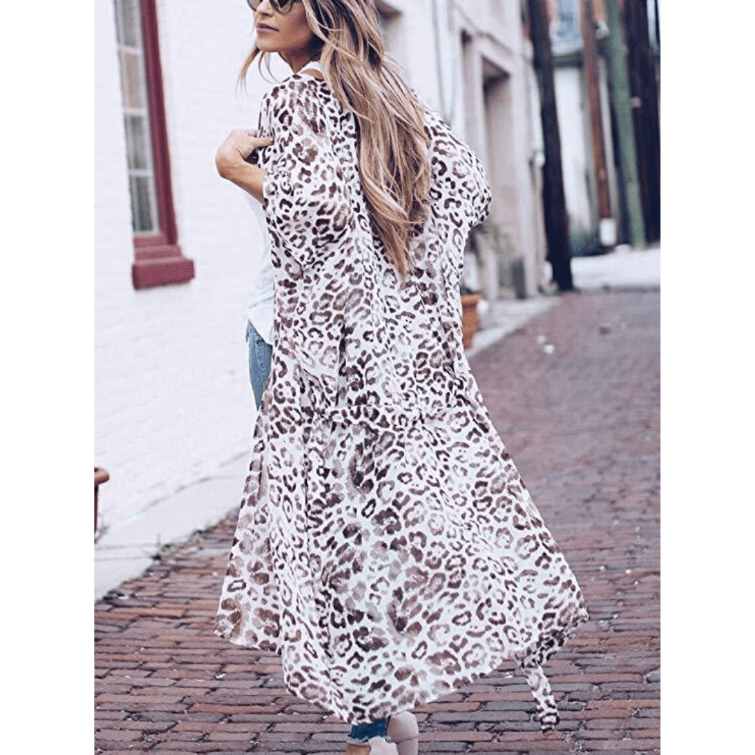 White Cheetah Print Loose Fit Open Front Kimono