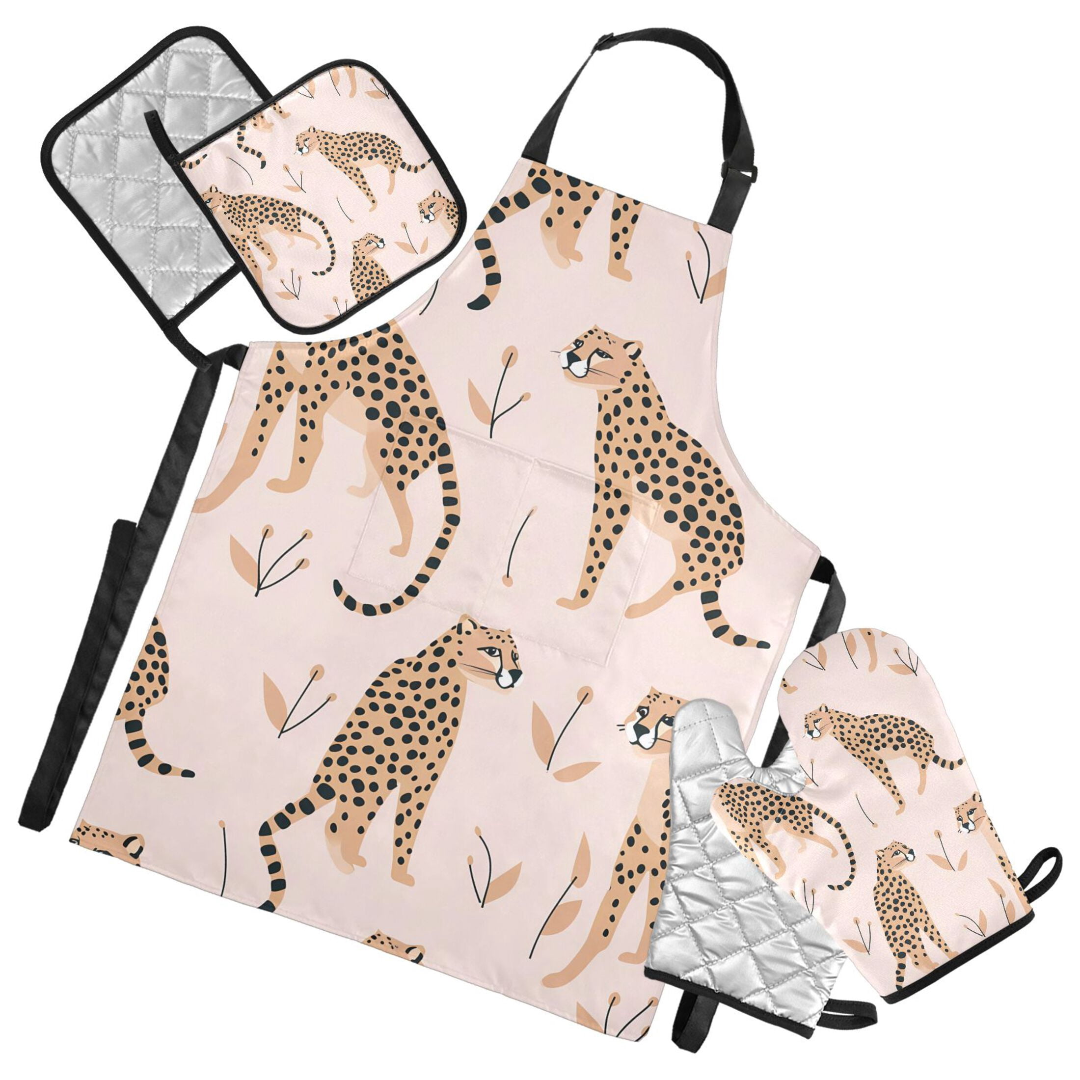 Cheetah Leopard 5 Pcs Kitchen Set Heat Resistant Oven Mitts and Non-Slip Pot Holders with Adjustable Cooking Apron