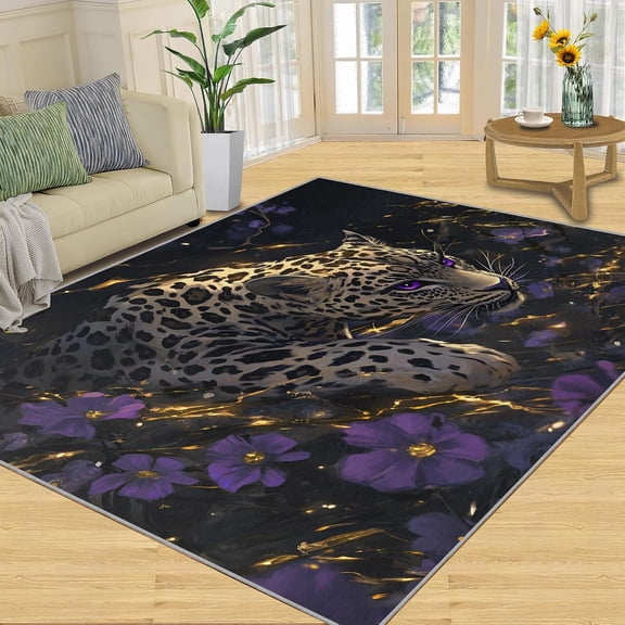 Cheetah Leopard Floral Area Rugs, Purple Wildlife Carpet, Washable Non Slip Low Pile Soft Rug for Living Room Bedroom Dining Room Home Office Decor Mat 2x3ft