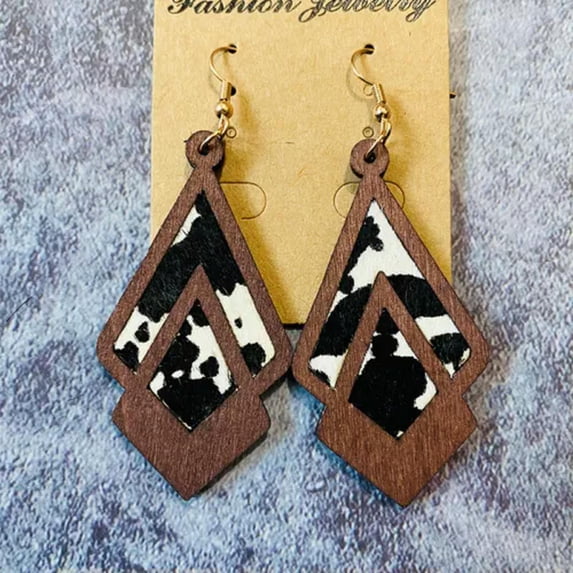 Cheetah Leopard Genuine Leather Chevron Arrow Hollow Leaf Wooden Earrings