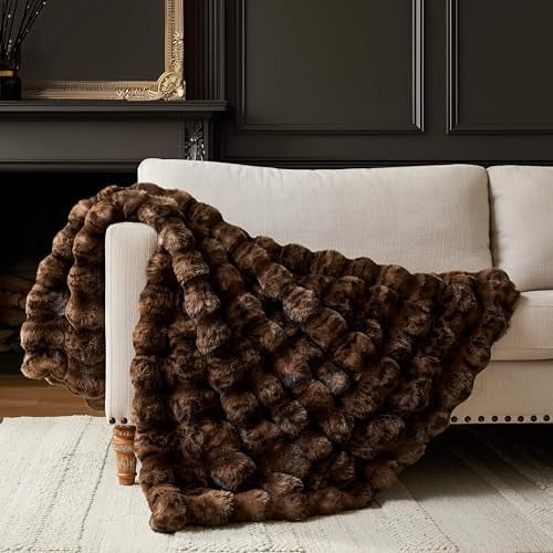 Cheetah Leopard Print Bubble Throw Blanket, Luxury Faux Rabbit Fur Mink Plush Throw for Couch, Sofa and Bed, Soft Fluffy Fuzzy Cozy Blanket for Women, 60x80 inches, Chocolate Brown, 950 GSM