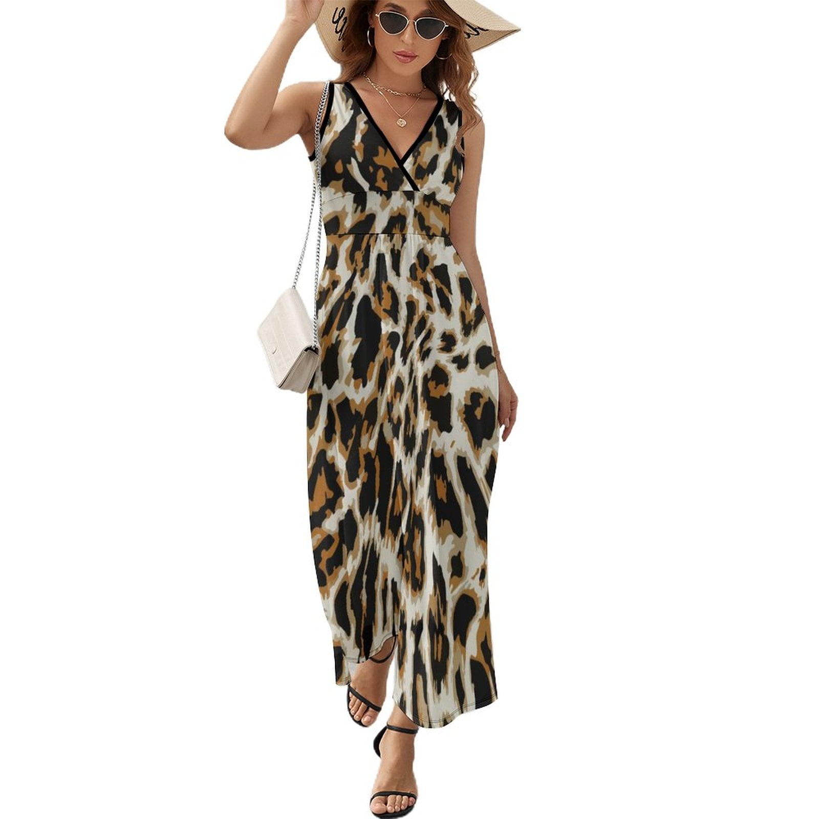 Cheetah Leopard Print Dress Modern Maxi Dress V Neck Graphic Boho Beach