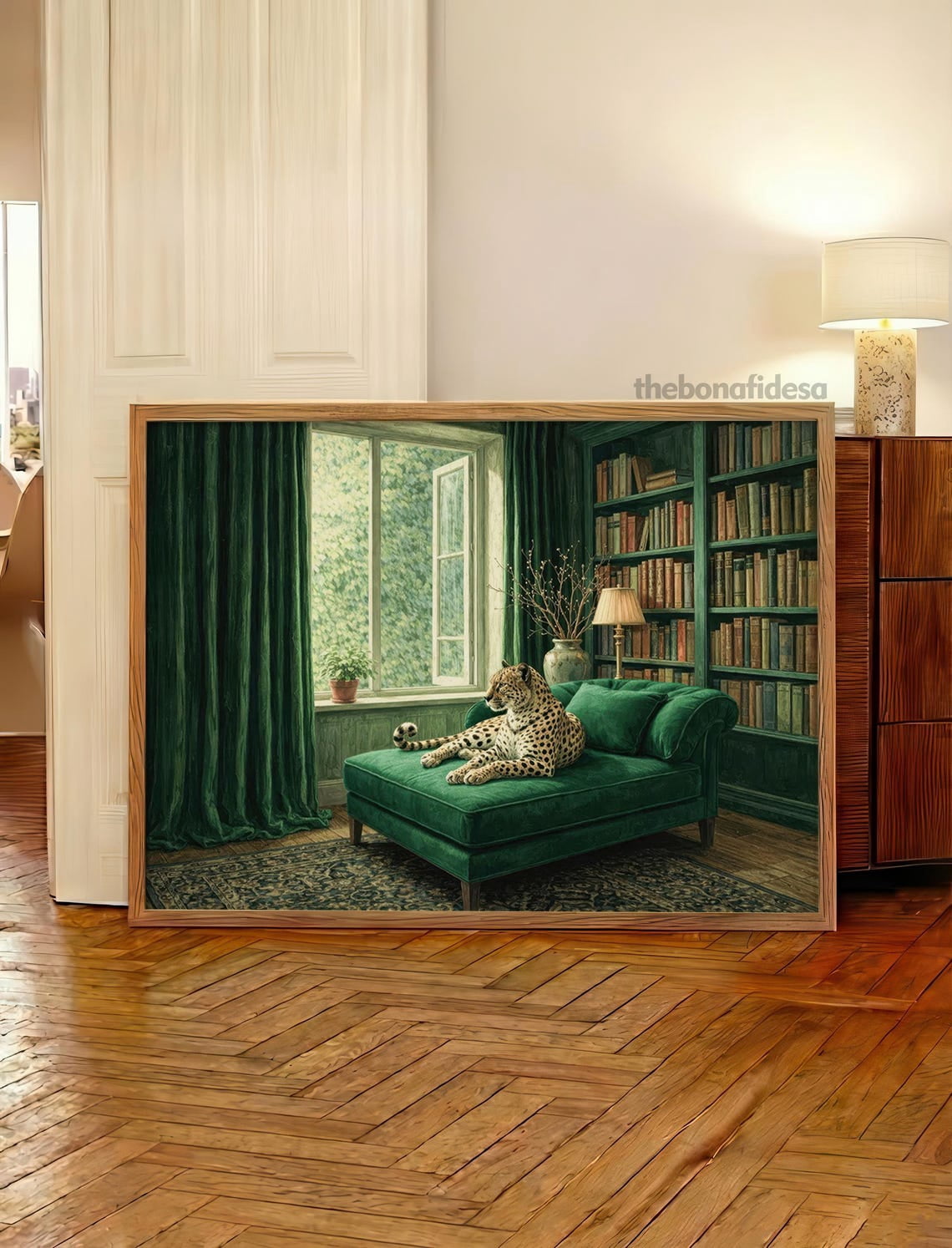 Cheetah Library Wall Art Print, Emerald Green Victorian Study Decor ...