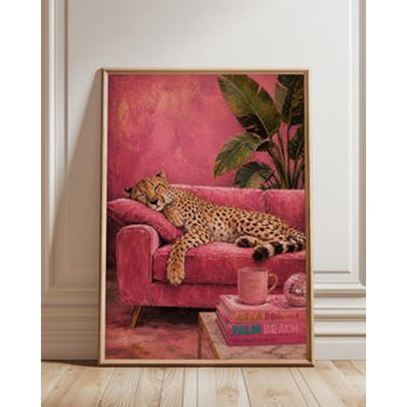 Cheetah Luxury Pink Sleepy Leopard Glam Animal Maximalist Decor for Living Room Office Poster