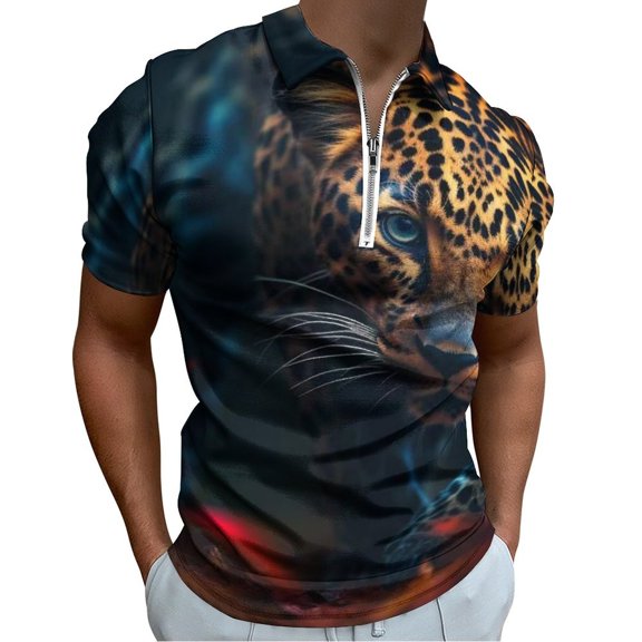Cheetah Men Zipper T-shirt Summer Casual Short Sleeve T-shirt Top