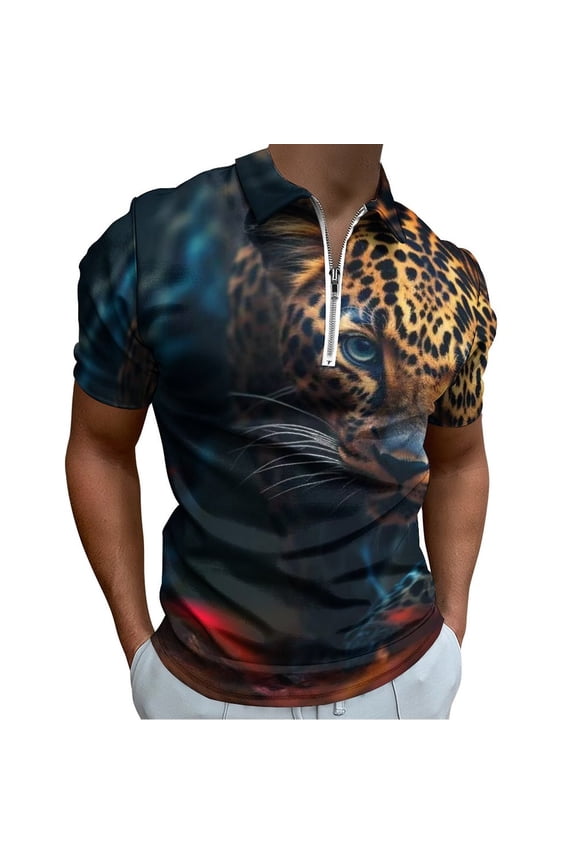 Cheetah Men Zipper T-shirt Summer Casual Short Sleeve T-shirt Top
