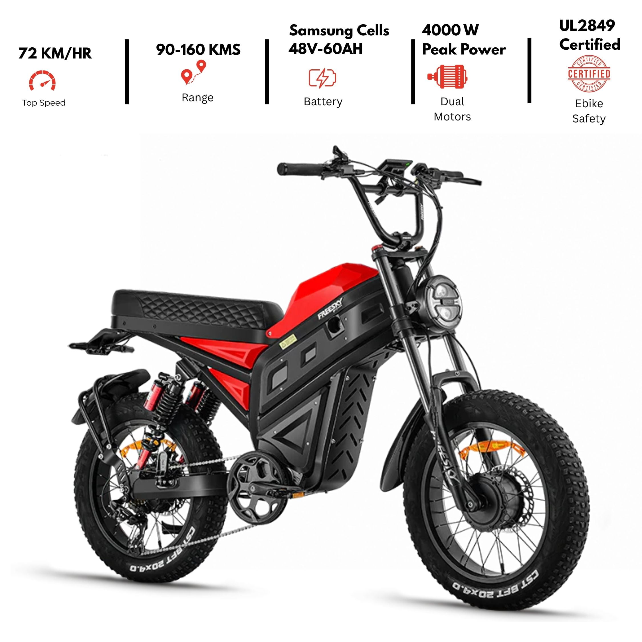 Cheetah Moto Ebike-MT380-Red|Peak Dual Power MoTor 4000W| SAMSUNG Cells Lithium Battery Tested |Long Range Up To 150 Miles|Max Speed 45 MPH|Safe Hydraulic Disc Brake|LCD Display