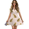 thumbnail image 1 of Cheetah Pattern Pink Background Repeat Women Dress V-Neck Short Sleeve Flowy Swing Party Midi Dress, 1 of 4