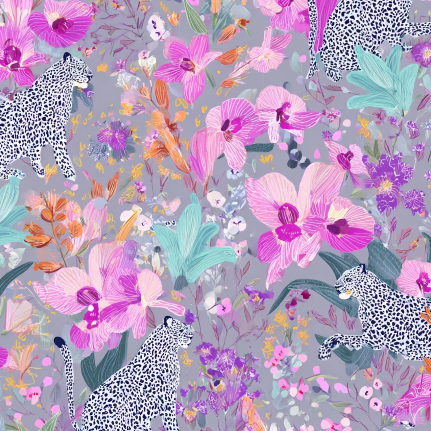 Cheetah Peel and Stick Wallpaper 17.7in x 9.8ft Leopards Among Tropical Orchid Flowers Pink Purple Contact Paper Vinyl Waterproof Self Adhesive Wall Paper for Bedroom Shelf Cabinet Renter Friendly