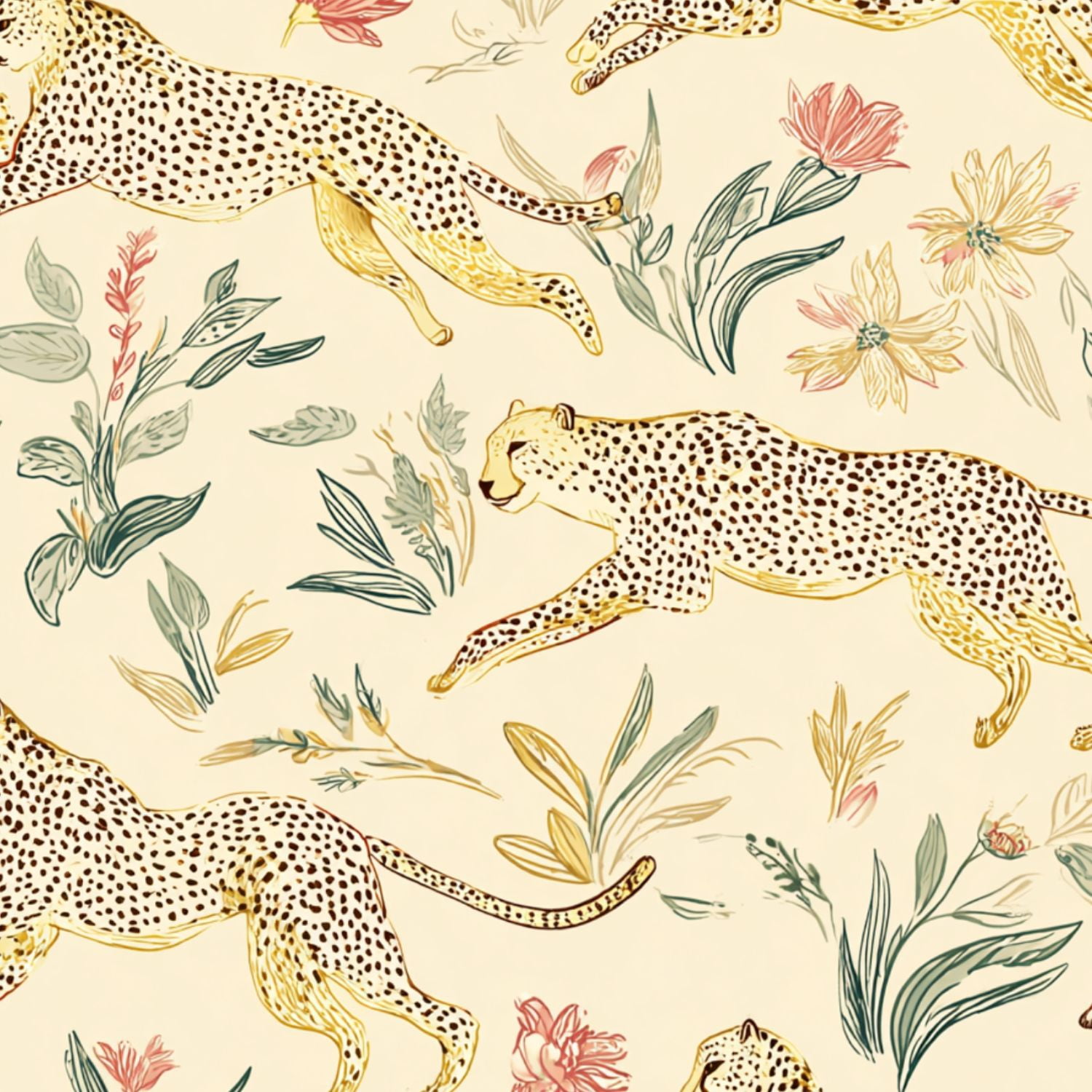 Cheetah Peel and Stick Wallpaper 17.7in x 9.8ft Seamless Cheetah Botanical Vintage Hand Drawn Style Contact Paper Vinyl Waterproof Self Adhesive Wall Paper for Bedroom Shelf Cabinet Renter Friendly