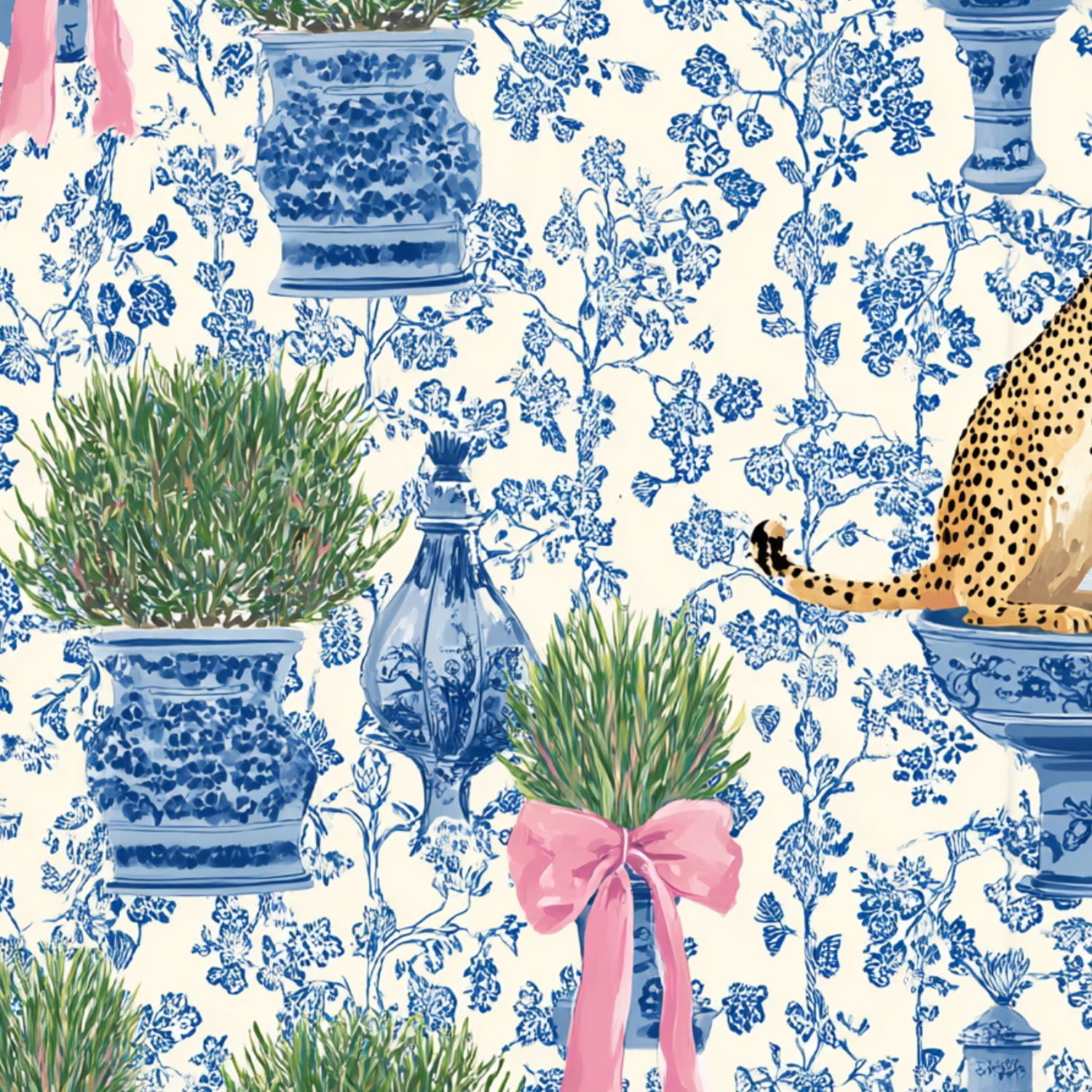 Cheetah Peel and Stick Wallpaper 23.6in x 9.8ft Blue White Floral Cheetah Ribbon Tied Planters Contact Paper Vinyl Waterproof Self Adhesive Wall Paper for Bedroom Shelf Cabinet Renter Friendly