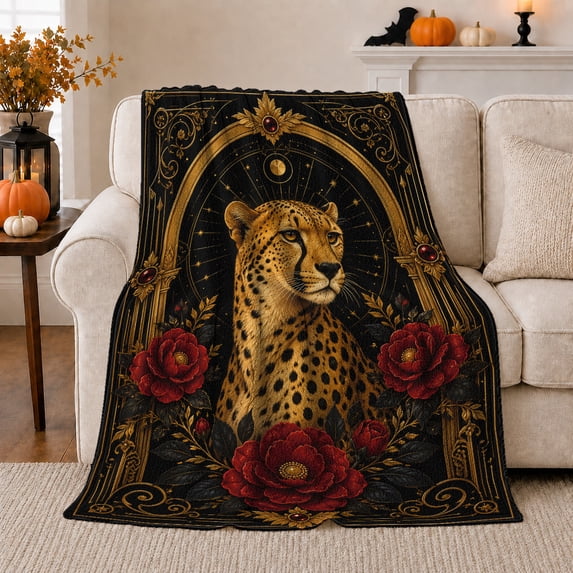 Cheetah Portrait Golden Floral Frame Regal Wildlife Style, Dramatic Botanical Garden Scene, Warm Flannel Blanket for Cabin and Lodge, Wildlife Lovers Valentine's Day Gift, Celestial Home Decor
