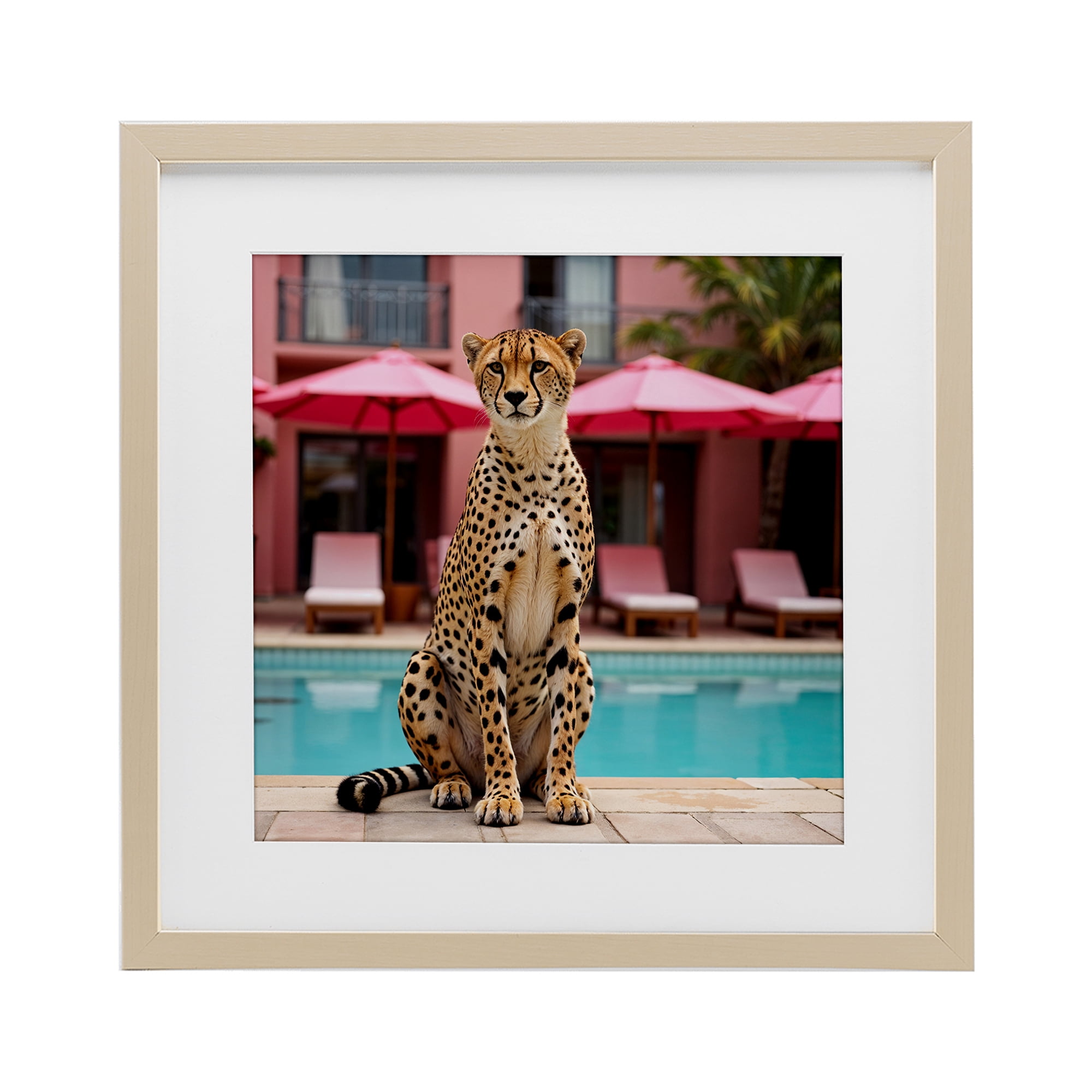 Cheetah Posed at Poolside Birch Framed Print Under Glass, design by Lettered and Lined