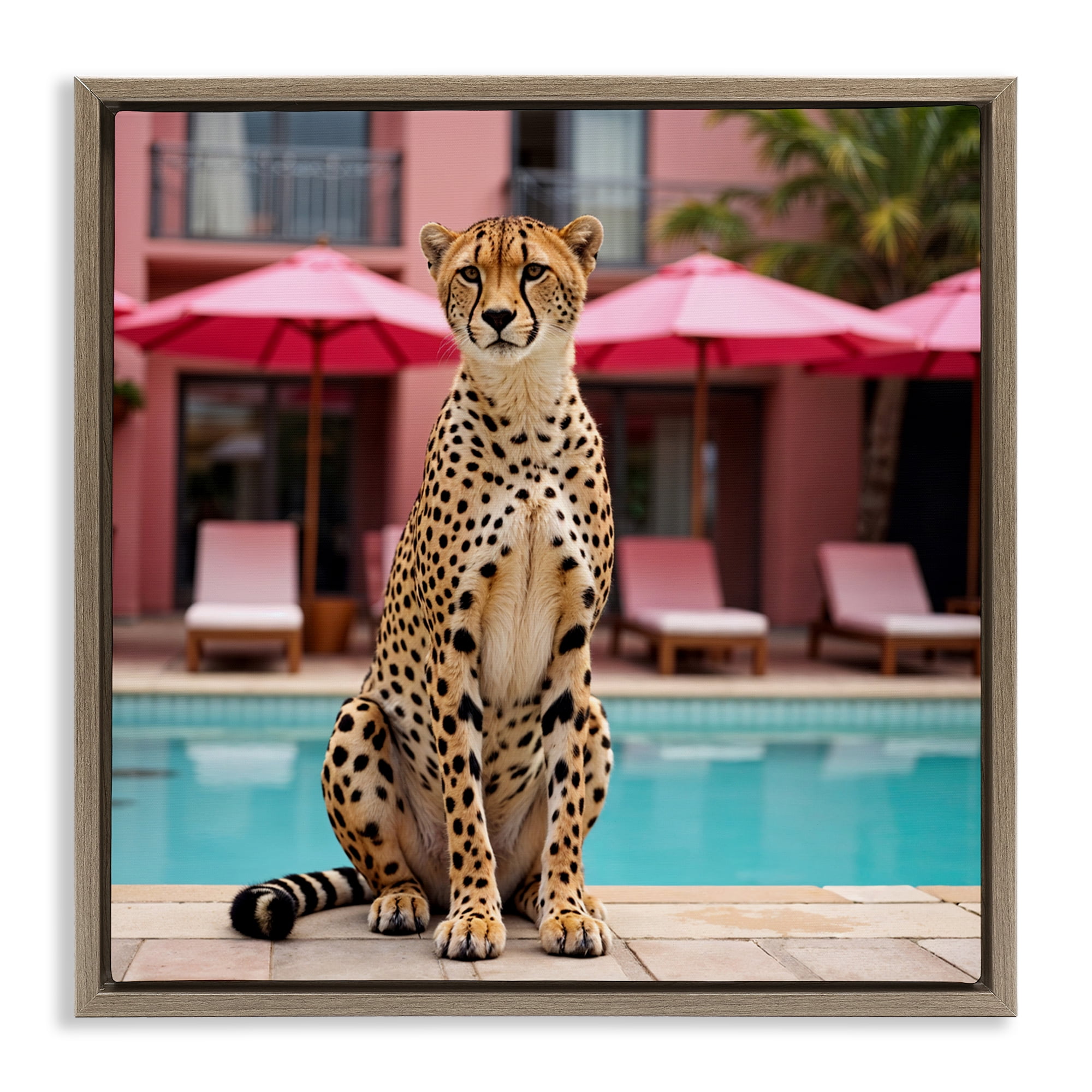 Cheetah Posed at Poolside Brown Framed Floater Canvas Wall Art, design by Lettered and Lined