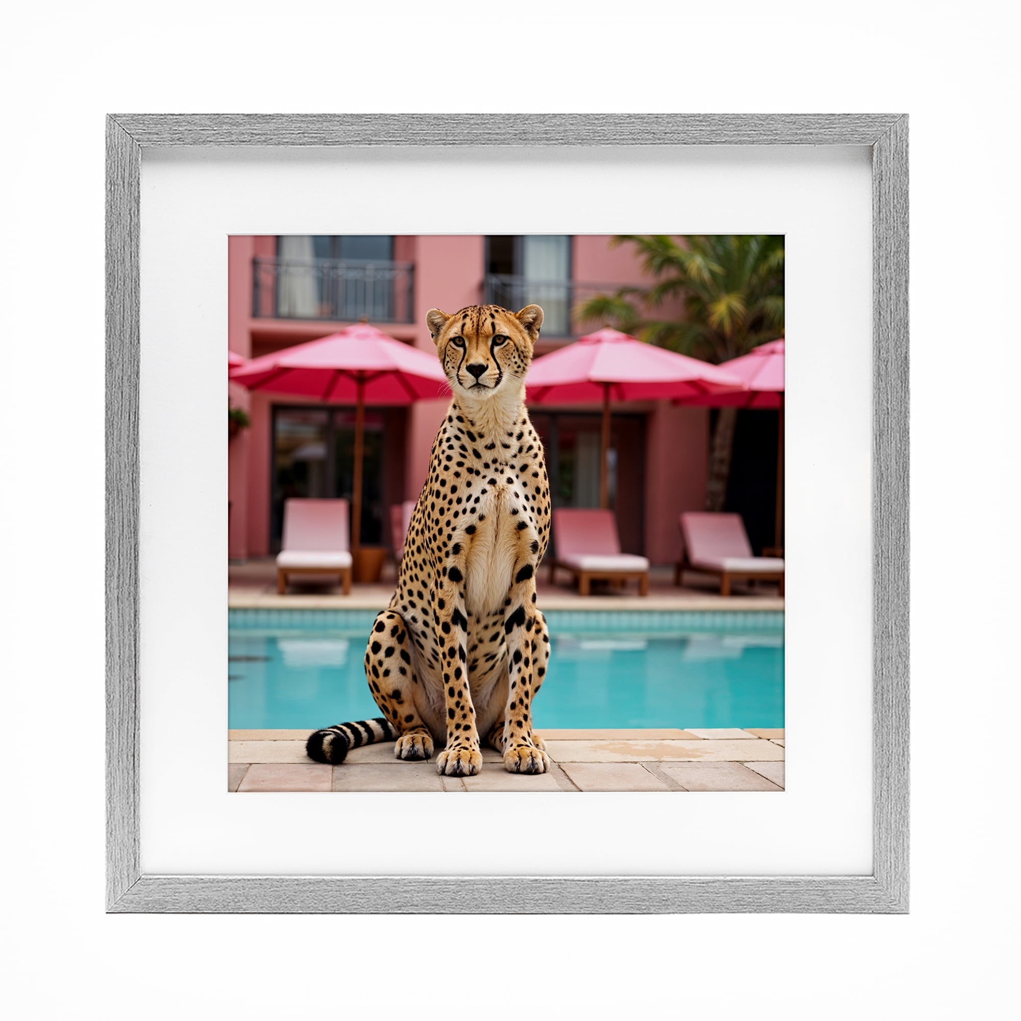 Cheetah Posed at Poolside Gray Framed Print Under Glass, design by Lettered and Lined