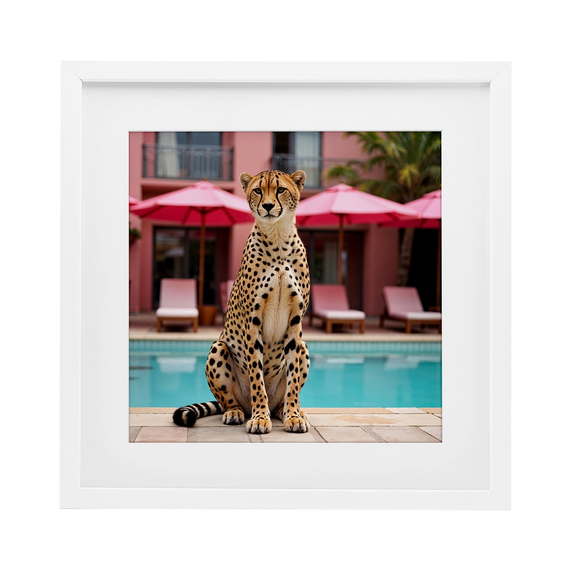 Cheetah Posed at Poolside White Framed Print Under Glass, design by Lettered and Lined