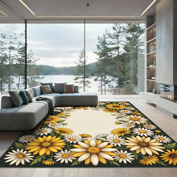 ODIKA 6' x 9' Machine Washable Non-Slip Area Rug, cottagecore floral High Traffic Rug, Black, 1298847