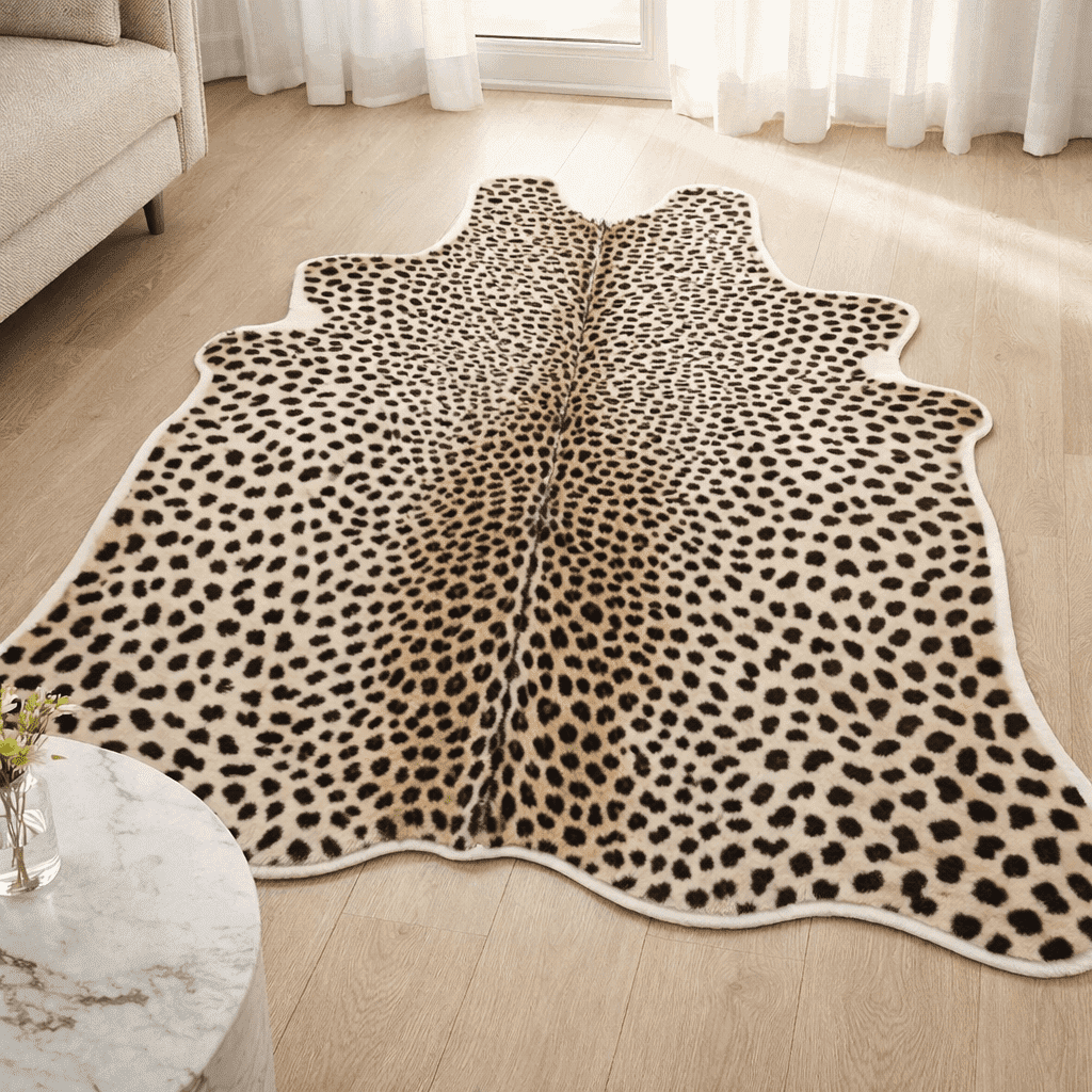 VALOMENE Cheetah Print Area Rug, 5.7' x 7' Faux Fur Leopard Skin Rug, Soft Shaggy Animal Print Carpet for Living Room, Bedroom, Office Decor