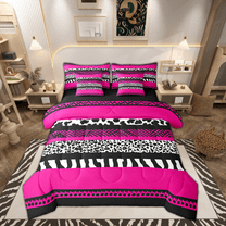Cheetah Print Bed in a Bag 7 Pieces Twin Size Comforter Set,Wild Animal Skin Leopard Spot Bedding Sets Geometry Aztec Fuchsia Sriped Patchwork Bed Set with Comforter,Sheets,Pillowcases & Shams