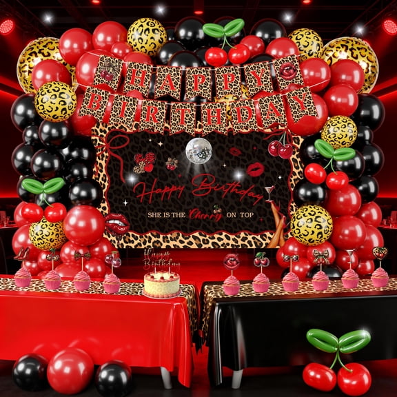 Cheetah Print Birthday Decorations, 124 Pcs Leopard Birthday Includes Cheetah and Cherry Print Balloons, Banner and Tablecloth, Red and Black Party Supplies for Women Party Y102