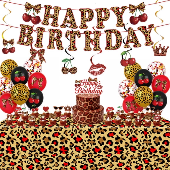 Cheetah Print Birthday Party Decorations Kit, Leopard Balloon Garland with Backdrop, Tablecloth and Foil Balloons in Cherry and Lip Design for Girls and Women