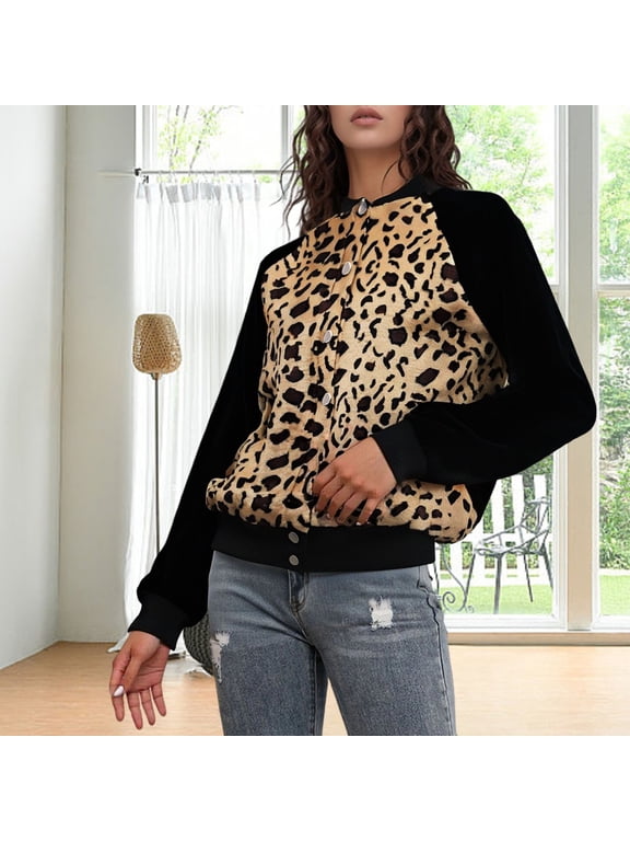 Cheetah Print Cardigan for Women Long Sleeve Leopard Print Outerwear Jacket,Buttons Open Front Baseball Coat,Casual Crew Neck Color Block Tops