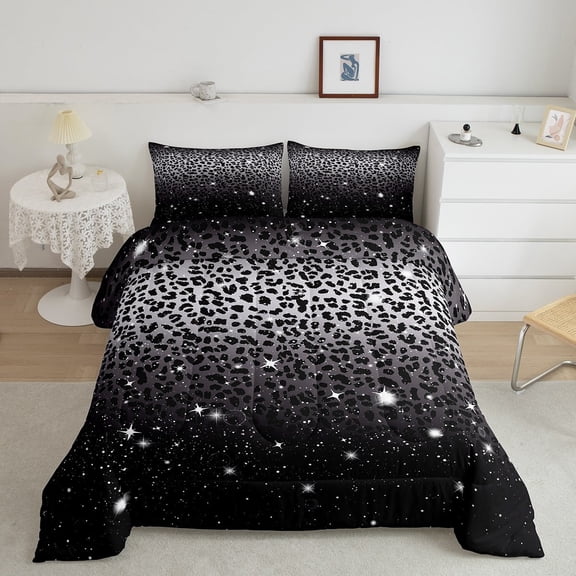 Cheetah Print Comforter Set ,Black Grey Leopard Skin African Big Cat Bedding,Sparkle Stars Galaxy Glitter Down Comforter,Woodland Animal Quilt Twin
