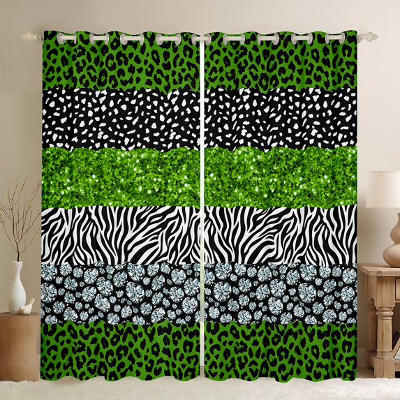 Cheetah Print Curtains Adults Watercolor Green Diamond Window Treatments Leopard Print 30%-50% Blackout Curtains 52''Wx63''L (No Glitter No Sequin)