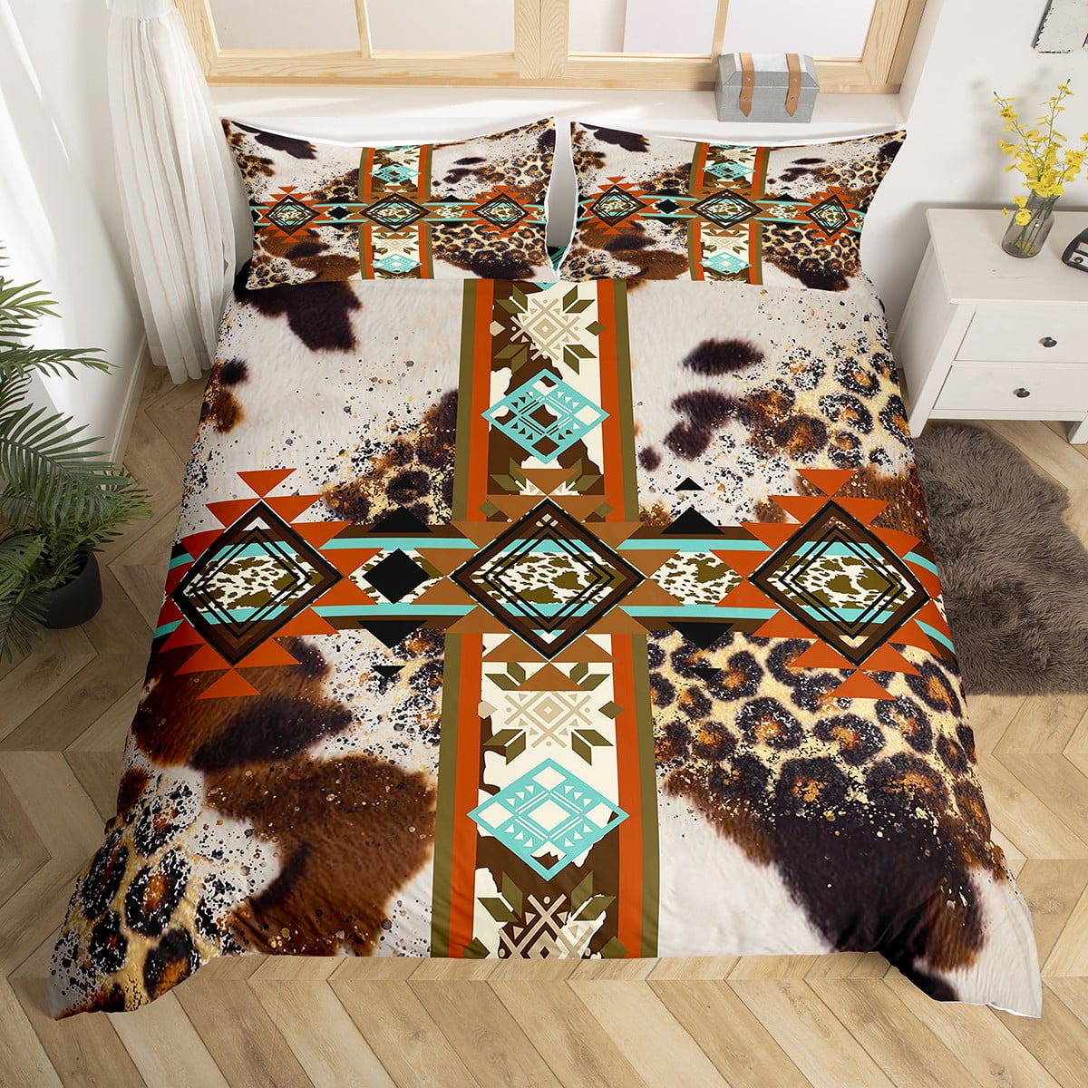 Cheetah Print Duvet Cover Western Bedding Sets Queen,Brown Cow Print