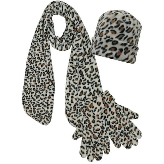Cheetah Print Fleece 3 Piece Hat Scarf & Gloves Matching Set