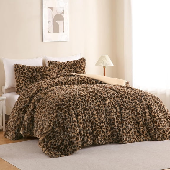 Cheetah Print Fluffy Faux Fur Comforter Set Queen Size, 3 Pieces Brown Leopard Plush Shaggy Bedding for Women Girls