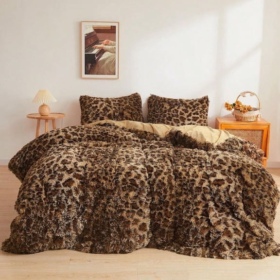 Cheetah Print Fluffy Faux Fur Duvet Cover Set 3 Pieces Soft Plush Shaggy Fuzzy Bedding Set 1 Faux Fur Leopard Print Comforter Cover + 2 Furry Pillowcases Zipper Closure(Queen Brown)