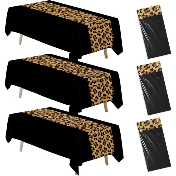 Cheetah Print Leopard Party Decorations Tablecloth, 3Pcs Disposable Black and Leopard Birthday Party Supplies Table Cover Printed Table Runner, for Birthday Bridal Shower Wedding, 55in x 86in