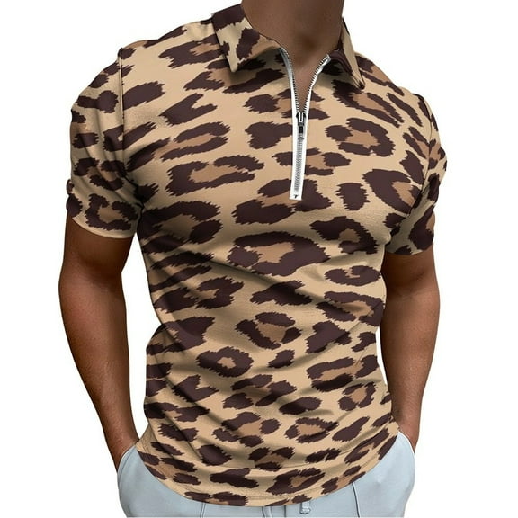 Cheetah Print Leopard Print Men Zipper T-shirt Summer Casual Short Sleeve T-shirt Top