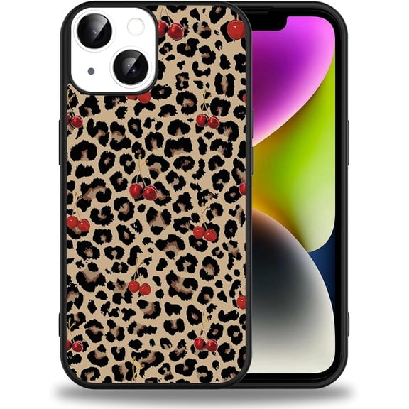 Cheetah Print Phone Case for iPhone 14/13 Cherry & Leopard Print Phone Case (Military Grade Drop Protection) Slim Shockproof Phone Cover for Girls Women