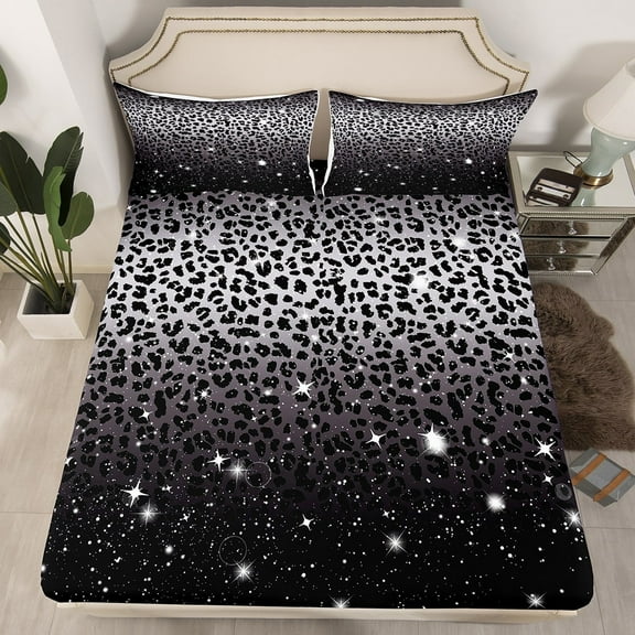 Cheetah Print Sheets,Black Grey Leopard Skin African Big Cat Bed Sheets,Sparkle Stars Galaxy Glitter Fitted Sheet,Woodland Animal Twin Bed Set Wildlife Hunting Theme Decor